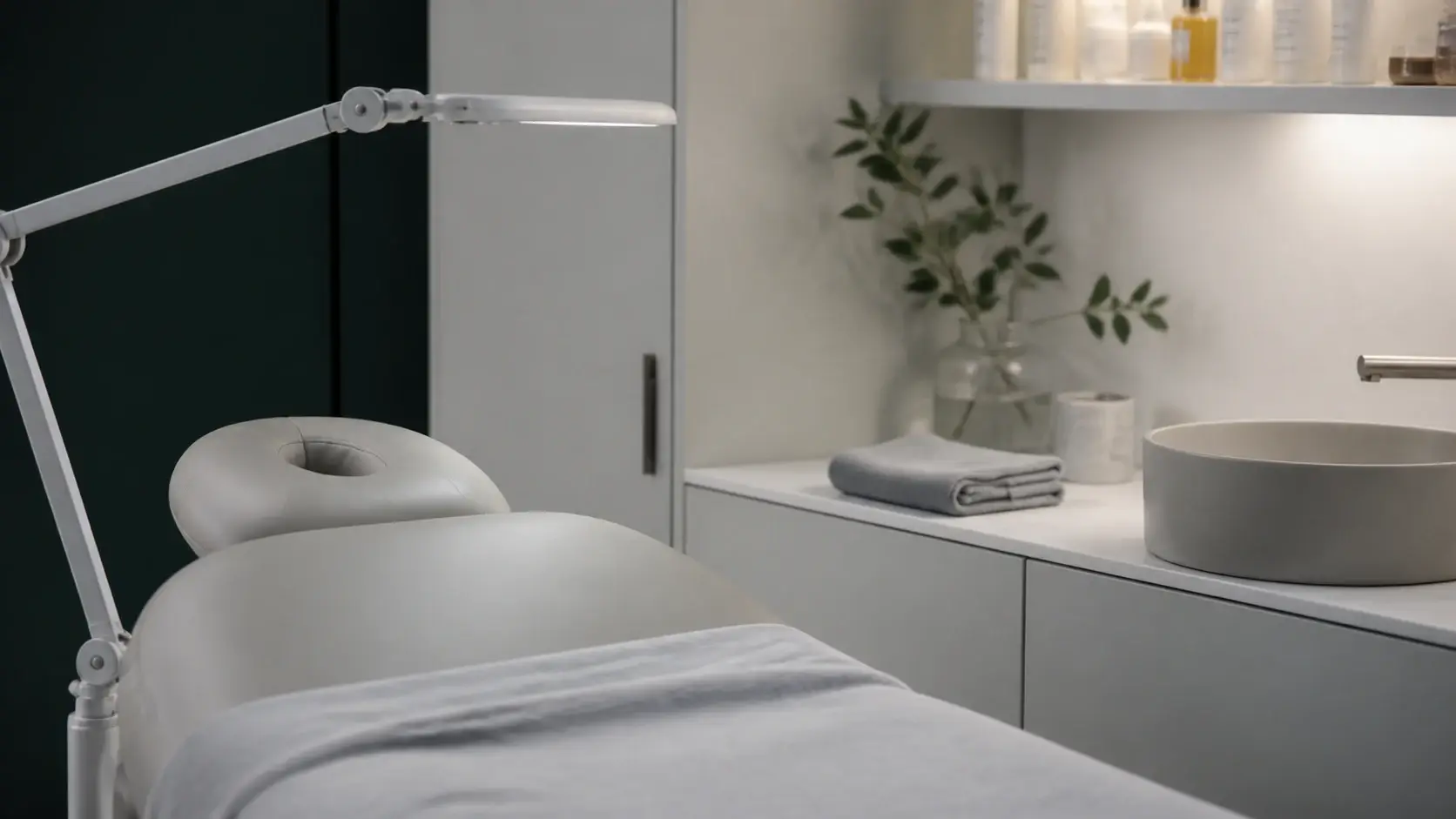 Rustige moderne behandelkamer met lamp, hoofdsteun en opgevouwen handdoek